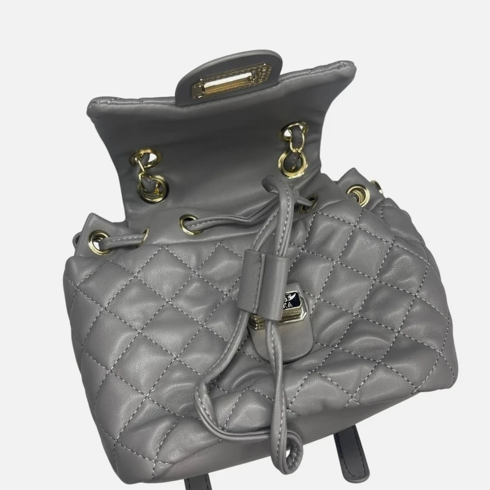 Badgely Mischka quilted mini  backpack, gray with gold tone hardware NWT